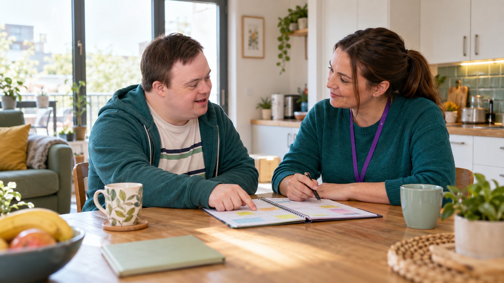 A support worker and adult tenant reviewing a weekly planner in a supported-living home